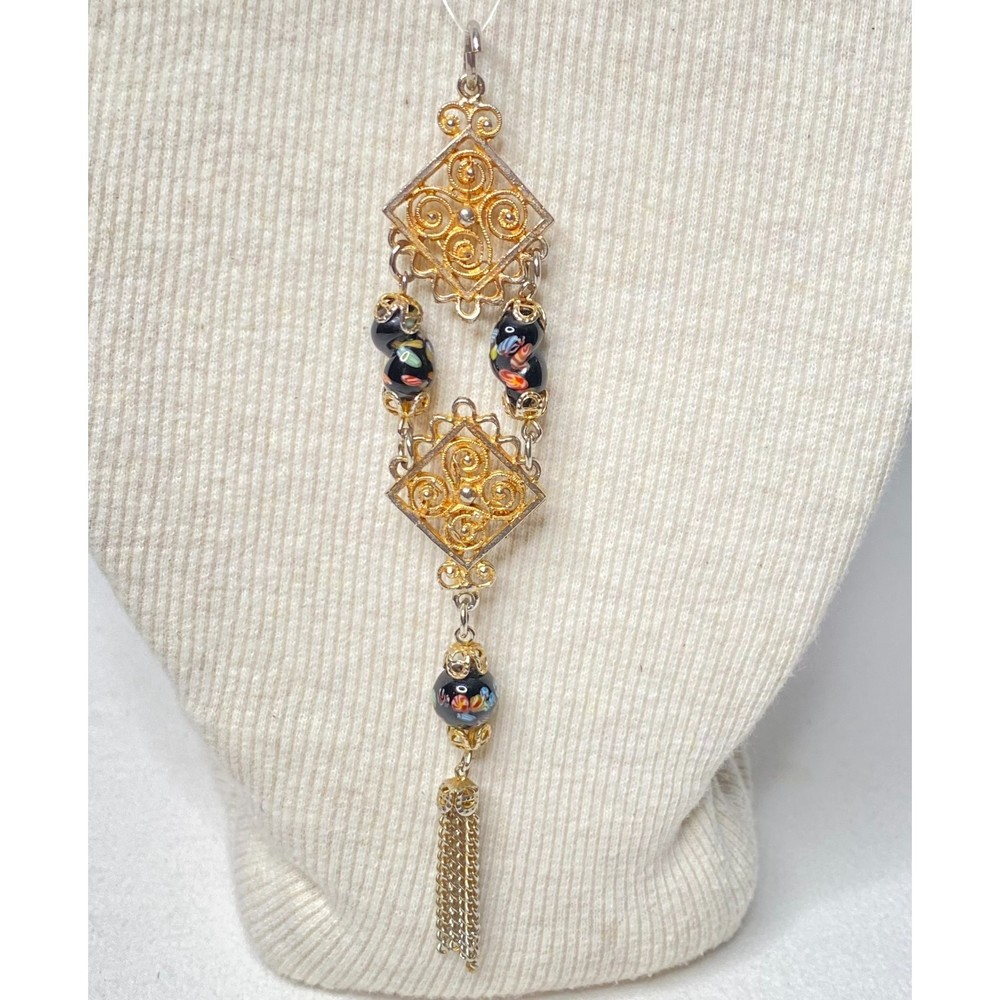 💎Gold Tone Open Work Black Beaded Tassel Pendant Necklace Boho